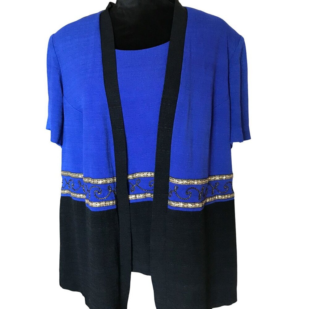 R&M Richards Blazer Tunic Blue & Black VTG Jacket w/ Gold Trim Plus Size 22WP